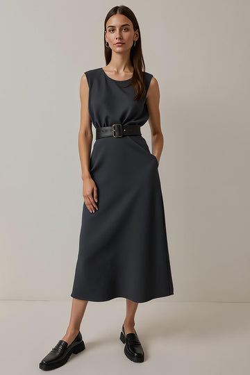 Navy A Line Midi Work Dress with Belt